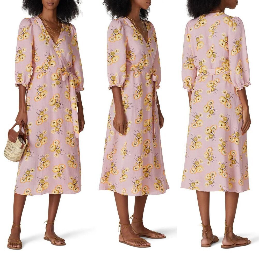 Madewell Pink Floral Long Sleeve Wrap Midi Dress Size Small 47812